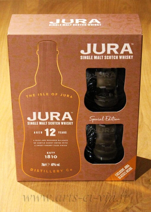 Whisky Jura 12 ans Coffret 2 verresWhisky sur table en bois